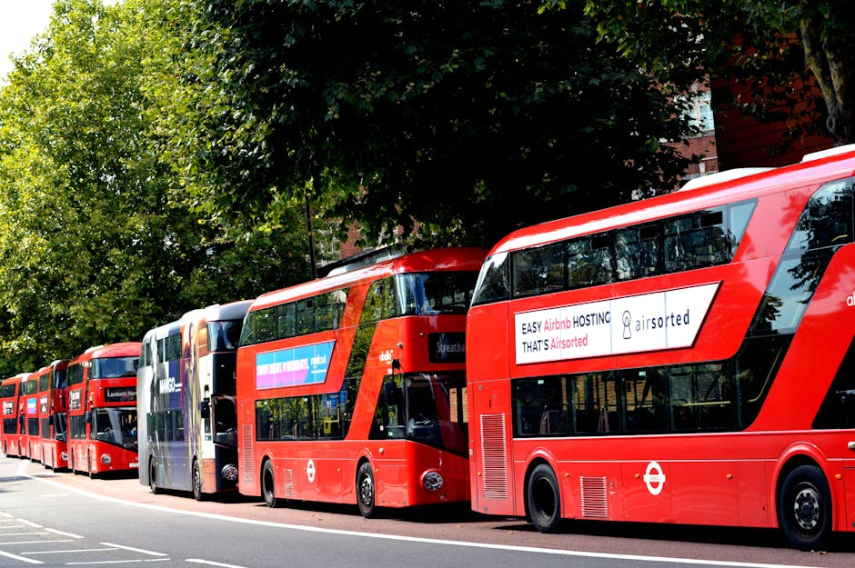 A row of red double-decker buses parked along a street in Kennington, with the first bus closest to the camera displaying an advertisement on its side for Airsorted, a hosting service. The buses are positioned parallel to the curb, partially under the shade of large leafy trees that extend their branches overhead, providing some shade to the public roadway. The background features a brick residential building and a clear sky, indicating a bright day. The scene captures a typical urban setting in Lambeth, emphasizing transportation options and the busy nature of house removals and moving logistics in the area. Man with Van Kennington occasionally advises on parking rules and logistical considerations for home relocation or furniture transport within this environment, aligning with the context of Kennington removals and moving services.